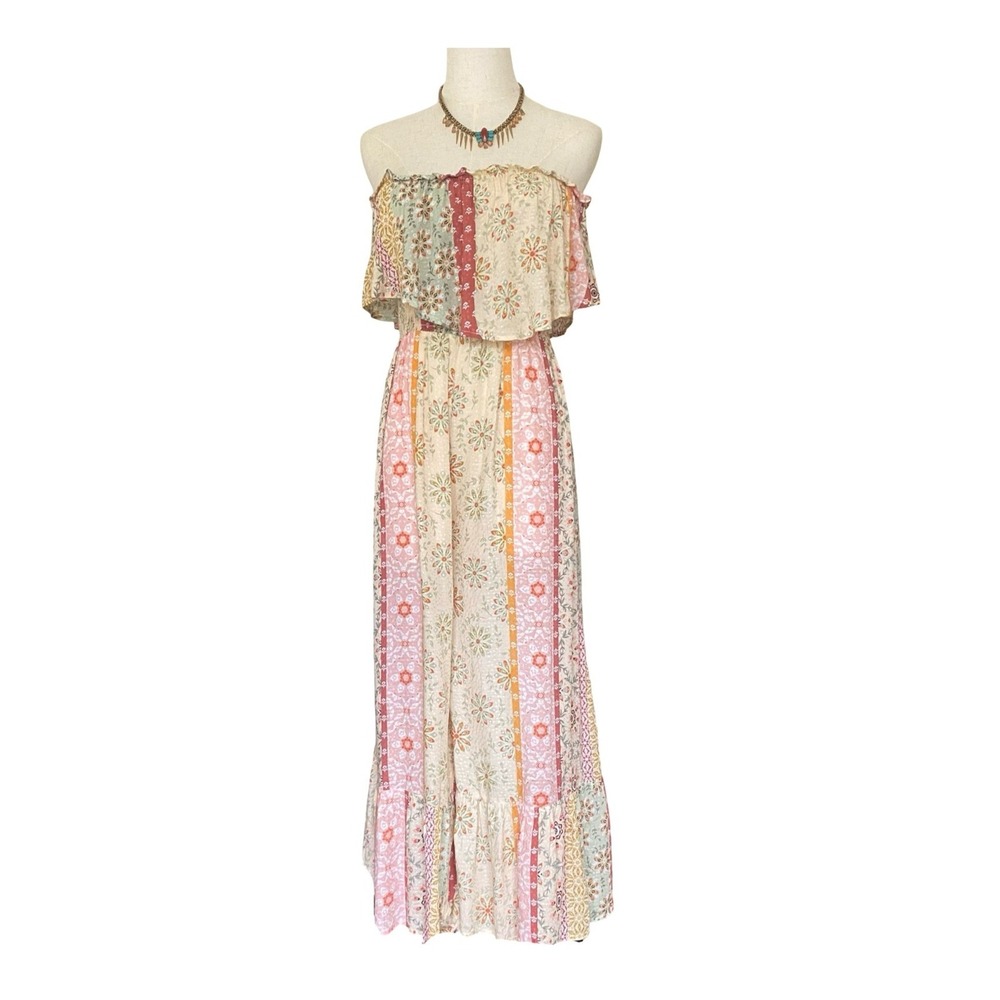 ILLA‎ ILLA Off Shoulder Wide Leg Jumpsuit Small Boho Patchwork Floral Ruffle